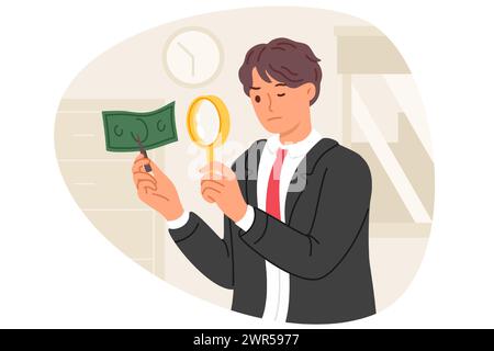 Der Experte untersucht Geldfälschungen mit Hilfe einer Lupe auf Ungenauigkeiten in gefälschten Banknoten Stock Vektor