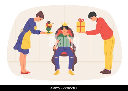 Probleme bei der Erziehung des verwöhnten Jungen, Eltern, die versuchen, den geliebten Sohn mit Geschenken und Süßigkeiten zu befriedigen Stock Vektor