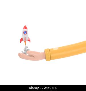 Cartoon Hand hält Raketensymbol, das auf blauem Hintergrund startet. Markteinführung von Geschäftsprodukten. Startup Business Concept.3D Rendering aktiviert Stockfoto