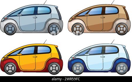 Vier stilisierte Vektorgrafiken von Kompaktwagen. Stock Vektor