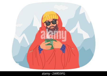 Reisender trinkt heißen Kaffee und steht nach dem Aufstieg in den schneebedeckten Bergen Stock Vektor