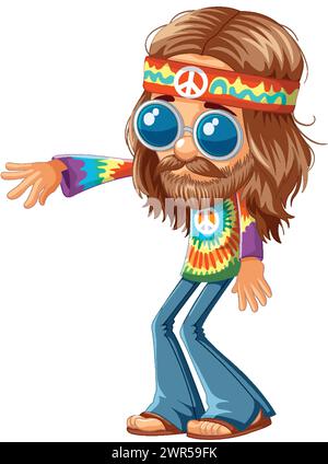 Cartoon Hippie mit Friedensschild und Sonnenbrille. Stock Vektor