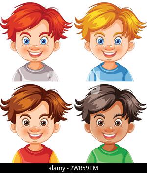 Vier Comic-Jungs lächeln mit verschiedenen Frisuren Stock Vektor