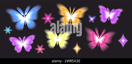 Aura Butterfly y2k futuristische, ästhetische Figurenkollektion, abstrakte, verschwommene Formen in Neon auf dunklem Hintergrund. Vektorabbildung Stock Vektor