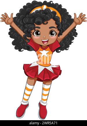 Animierte Cheerleaderin mit einem großen Lächeln, das springt Stock Vektor