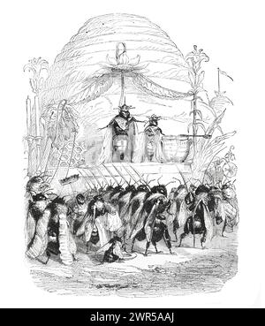 Anthropomorphe Tiere. Humanisierte Bienenkönigin mit Arbeitern. Cyborg-Tiere. CRISPR. FALL 9. Außerirdische. Handgezeichnete Vintage-Illustration. Cartoon und Humor. Stockfoto