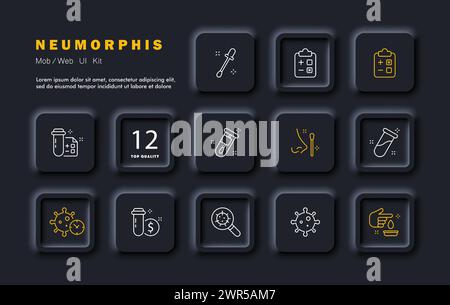 Symbol „Analysiert Set“. Tests, Virus, Stab, Reagenzglas, DNA, positives und negatives Ergebnis, Zahlung, Blutspende, covid, Suche nach Krankheiten Neomorphismus St Stock Vektor