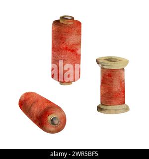 Hand gezeichnet Aquarell Illustration Nähen Handwerk Stickerei Stitching Zubehör. Fadenkugeln Spulen spulen Garn. Gruppe von Objekten, die auf weiß isoliert sind Stockfoto