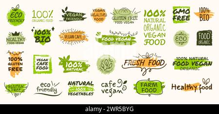 Eco-Logo-Labels. Veganes Logo grünes Logo oder frisches Paket Stempeldesign, gesunde Farm Natur Elemente für Verpackung. Veganes Café mit gesundem Essen, umweltfreundlichem Emblem, Vektor-Ikonensammlung Stock Vektor