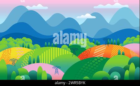 Waldhintergrund. Feld „Farm“. Bäume auf Hügeln. Blumenwiese. Country Park. Bergdorf. Frühlingspflanzen. Landwirtschaftslandschaft. Farmland im Sommer. Stromturm. Abstraktes flaches Vektor-Banner Stock Vektor