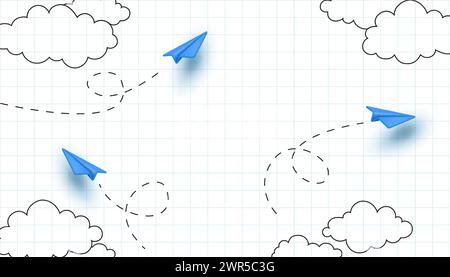 Schulhintergrund. 3D-Papierebene. Zurück zum Notizbuch für Kinder oder Lernbuch. Fliegendes Flugzeug mit gepunkteter Bahn. Fahrmuster. Begrenzen Sie die Wolken. Ausflugsweg. Abstraktes Vektorkonzept Stock Vektor