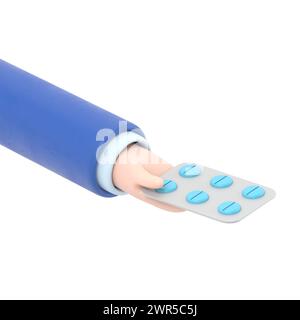 3D-Rendering. Symbol für eine Packung Pillen. Arzt oder Apotheker Cartoon Hand mit schwarzer Haut, die Medikamente hält. Medical Healthcare Illustration.3D Rendering auf weiß Stockfoto