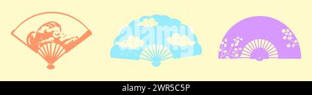 Papierventilator. Traditionelle japanische oder chinesische Frauen Geisha Eleganz Attribut. Orientalisches Souvenir, bunte isolierte Elemente mit Muster, Ozean und Wolken. Modisches Handaccessoire. Vektorabbildung Stock Vektor