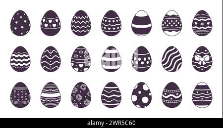 Ostereier. Flache Silhouette mit Mustern, Symbol für Happy Easter grafische Formen, süßes schwarzes und weißes Frühlingsset. Dekorative isolierte Elemente. Traditionelles festliches Ei. Vektor-Illustration Ikonen Stock Vektor