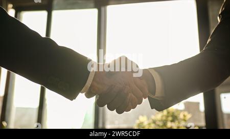 Nahaufnahme männlicher Hände beim Händeschütteln im sonnigen Büro. Multiethnische kaukasische und afrikanische Geschäftsleute verschiedene Männer Geschäftsleute, die erfolgreich Waffen schütteln Stockfoto