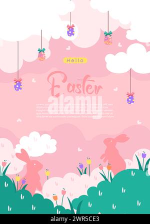 Frohe Ostern Banner. Grußkarte, Poster oder Banner mit Hünchen, Blumen und Osterei. Poster zur Eierjagd. Federhintergrund Stock Vektor