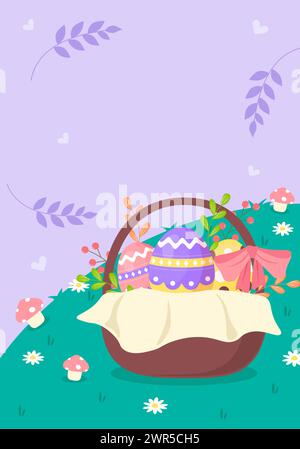 Grußkarte „Happy Easter“. Korb mit Osterei und Blumen, Vektor-Illustration Stock Vektor