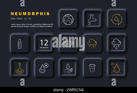 Wasserset-Symbol. Erde, H2O, Hahn, Zyklus in der Natur, Flasche. Trinken, Glas. Bakterien im Wasser und ihre Analyse, Regen. Wasserschutzkonzept. Neomorp Stock Vektor