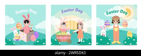 Happy Easter Set mit Grußkarten, Postern, Weihnachtsbezügen. Trendiges Design mit Typografie, Mädchen, Punkten, Eiern und Häschen in Pastelltönen. Vektor Stock Vektor