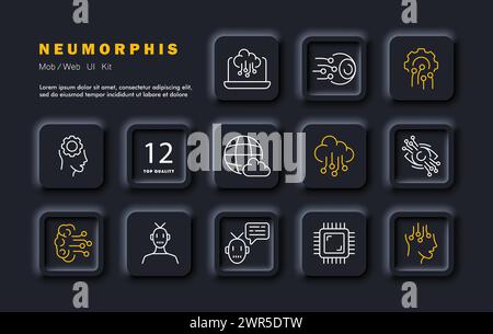 Moderne Technologien setzen Symbol. Ausrüstung, Augapfel, Auge, Person. Computer, Gehirn, Cloud mit Verbindungen. Chip, Roboter, Kommunikation mit KI. Modernes Technolo Stock Vektor