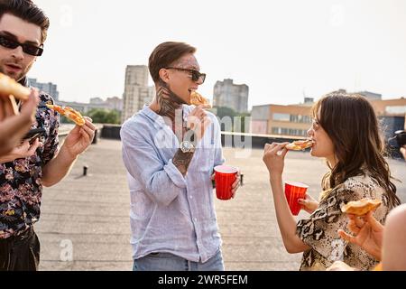 Fröhliche, attraktive Freunde in stilvollen, lebendigen Gewändern essen Pizza und genießen Drinks auf der Party Stockfoto