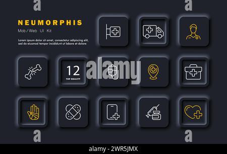 Symbol „Krankenwagen einstellen“. Mitarbeiter und Krankenwagen, erste-Hilfe-Kasten, Apotheke, Herzgesundheit, Medikamente, Frakturen, Verbrennungen, Klebepflaster, IV Ambulanzkonzept ne Stock Vektor