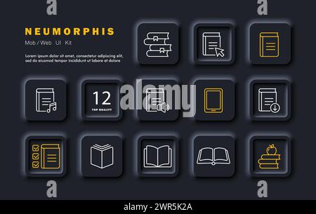 Symbol „Bücher festlegen“. Buch, Online-Buch, herunterladen, Literatur, Lesezeichen, lesen, Lesen mit Musik, E-Book, Notizen, Wissensquelle. Konzept des Lichts Stock Vektor