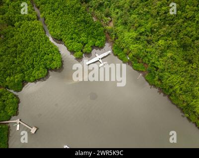 Luftaufnahme von Mangroven und verlassenen Flugzeugwracks in Concepcion, Busuanga. Palawan. Philippinen. Stockfoto