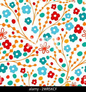 Nahtloser Hintergrund kleiner roter und blauer Blumen. Handzeichnung. Nicht AI, Vektorillustration Stock Vektor