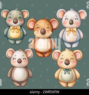 koala Bären Aufkleber isolierte Sammlung entzückende niedliche Kinder Illustration handgemacht für Babys und Kinder Dekoration Stockfoto