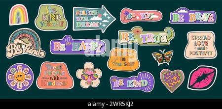 Set mit verschiedenen Retro Groovy Patches, Aufklebern. Stock Vektor