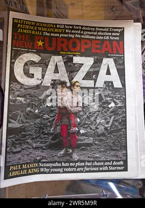 Schlagzeile der Zeitung GAZA auf der Titelseite der New European Palestinian Children, Netanjahu, Donald Trump, GB News Artikel 9 März 2024 London UK Stockfoto