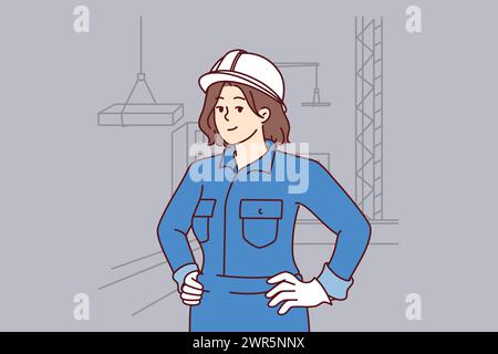 Bauarbeiterin steht auf der Baustelle in der Nähe von mehrstöckigen Gebäuden und Turmkränen, die Betonplatten heben. Selbstbewusste Mädchenbauerin mit Schutzhelm auf dem Kopf, hält die Hände am Gürtel und sieht auf den Bildschirm Stock Vektor