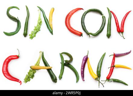 Worte Chili sin oder con carne aus rot, grün, violett, gelb, orange Chili Pfeffer, Salatblätter, Sellerie, Karottenbuchstaben isoliert für Textwort Stockfoto