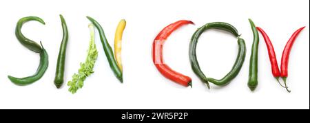 Worte Chili sin oder con carne aus rot, grün, violett, gelb, orange Chili Pfeffer, Salatblätter, Sellerie, Karottenbuchstaben isoliert für Textwort Stockfoto