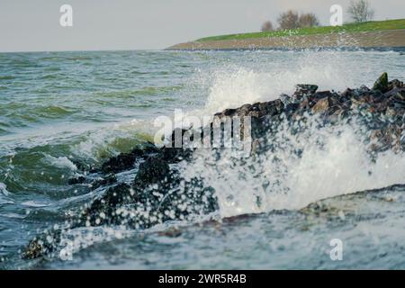 Stürmische Wellen entlang der Küste des UNESCO-Wattenmeers am alten VOC-Hafen des Dorfes „Oudeschild“ auf der Insel Texel, Niederlande Stockfoto