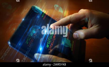 Künstliche Intelligenz neuronale Netze KI Symbol Mobiltechnologiekonzept. Abstraktes Schild auf Störschirmen in der 3D-Illustration. Stockfoto