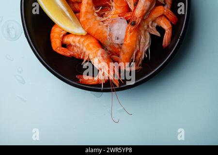 Schüssel voller aufgetauter gekochter Garnelen mit Zitronenscheiben, auf blauem Hintergrund mit Wassertropfen. Ideal für kulinarische Websites oder Meeresfrüchte-Rezepte. Stockfoto