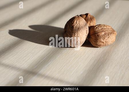 Drei Walnüsse stehen auf einem Leuchttisch in der Nähe eines Fensters im Haus Stockfoto