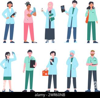 Medizinisches Team. Arbeitende Ärzte, Krankenschwestern in Uniform- und Verwaltungskrankenhausfiguren. Gesundheitspersonal, Klinik und Krankenwagen, Splendid Vector Set Stock Vektor