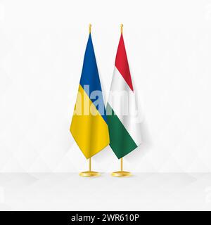 Ukrainische und ungarische Flaggen auf dem Flaggenstand, Illustration für Diplomatie und andere Treffen zwischen der Ukraine und Ungarn. Vektorabbildung. Stock Vektor