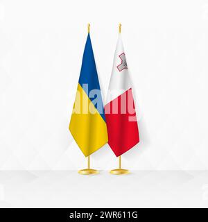 Ukrainische und maltesische Flaggen auf dem Flaggenstand, Illustration für Diplomatie und andere Treffen zwischen der Ukraine und Malta. Vektorabbildung. Stock Vektor