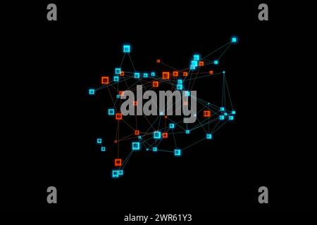 Futuristisches Würfelnetzwerk, Polygon in Blau und Orange. Cubes Polygonnetzwerk blau und orange beleuchtet. Abstrakter Plexus, Wissenschaft, Verbindungen, Draht Stockfoto