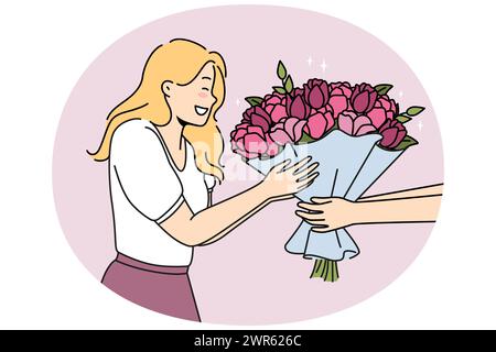 Aufgeregte Frau bekommt Blumen von Kurierdienst oder Liefermann. Lächelndes Mädchen erhält zum Geburtstag einen Blumenstrauß. Vektordarstellung. Stock Vektor