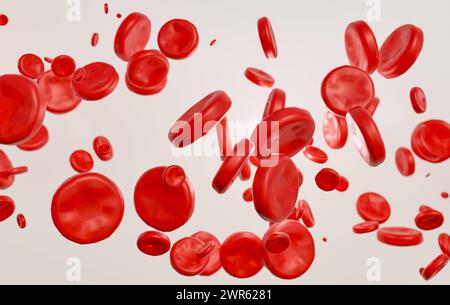Rote Blutkörperchen, die durch die Vene fließen. Rote Blutkörperchen, weißer Hintergrund. Blutkreislauf, Blutplättchen, Blutplasma. 3D-Illustration science024s07 Blood  Stockfoto