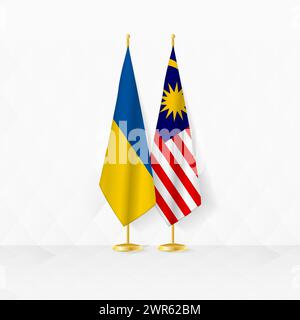 Ukrainische und malaysische Flaggen auf dem Flaggenstand, Illustration für Diplomatie und andere Treffen zwischen der Ukraine und Malaysia. Vektorabbildung. Stock Vektor