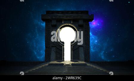 Das antike Space Gate Portal zur Parallelwelt des Universums. COSMOS-Galaxiensterne, leuchtendes Glow Gateway. 3D-Rendering Stockfoto