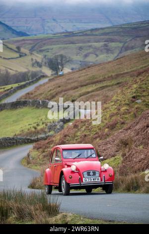 01/19 40 klassische Citroen 2CVs machen sich auf den Weg über die Yorkshire Moore, während sie an dem jährlichen „RAID Tan Hill“ teilnehmen, bei dem die winzigen 60 zu sehen sind Stockfoto