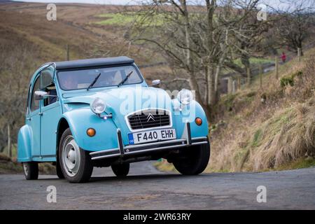 01/19 40 klassische Citroen 2CVs machen sich auf den Weg über die Yorkshire Moore, während sie an dem jährlichen „RAID Tan Hill“ teilnehmen, bei dem die winzigen 60 zu sehen sind Stockfoto