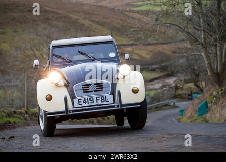 01/19 40 klassische Citroen 2CVs machen sich auf den Weg über die Yorkshire Moore, während sie an dem jährlichen „RAID Tan Hill“ teilnehmen, bei dem die winzigen 60 zu sehen sind Stockfoto